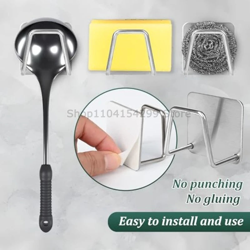 Kitchen Stainless Steel Sink Shelf Sponges Holders Adhesive Drain Drying Rack Wall Hooks Accessories Storage Organizer