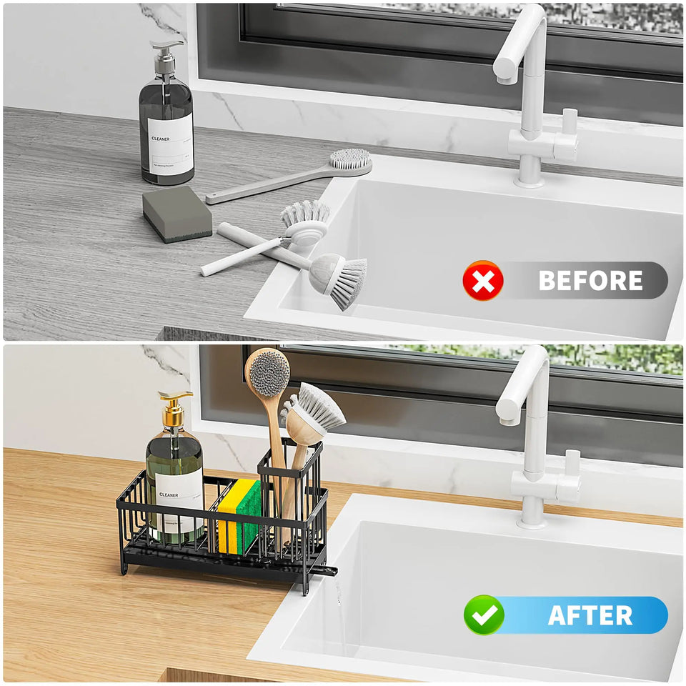 Kitchen Sink Sponge Holder with High Brush Rack, Essential Countertop Storage Organizer, Must-Have Kitchen Accessories