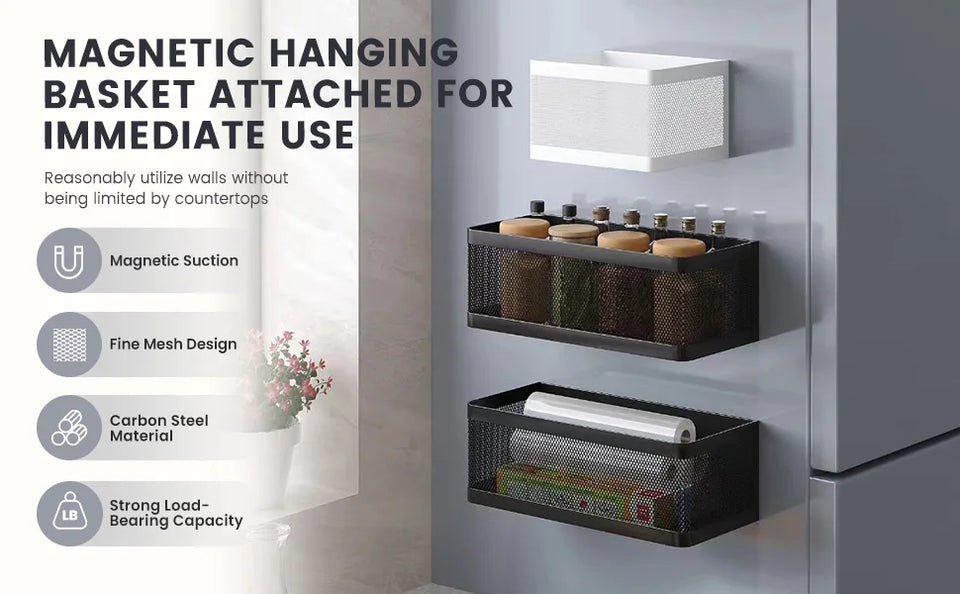 Magnetic Refrigerator Storage Rack, Magnetic Spice Rack, Metal Magnetic Hanging Basket, Wall Cabinet Multifunctional Storage Box, No Drilling Required