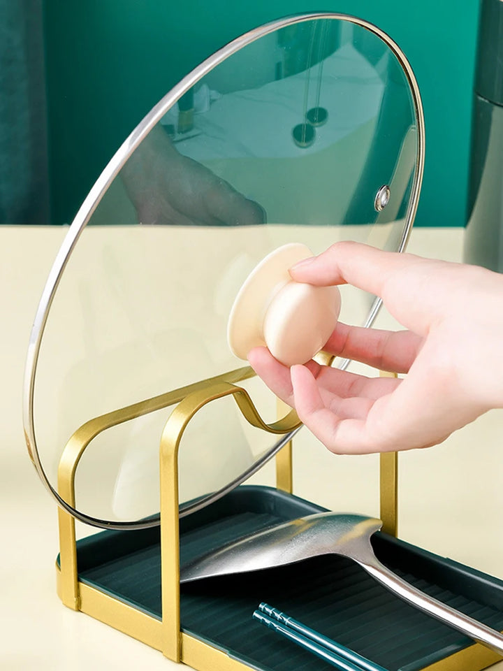 Stainless Steel Pot Lid Holder Rack Stand Multifunctional Pot Lid Storage with Drip Tray Pot Cover Rest Stand Pot Lid Holder