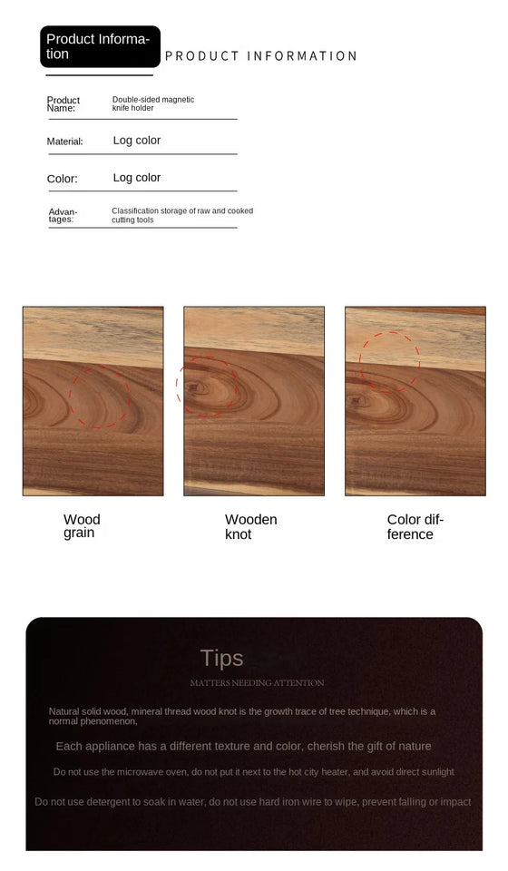 Acacia double-sided magnetic kitchen knife holder multi-functional knife storage rack magnetic knife holder