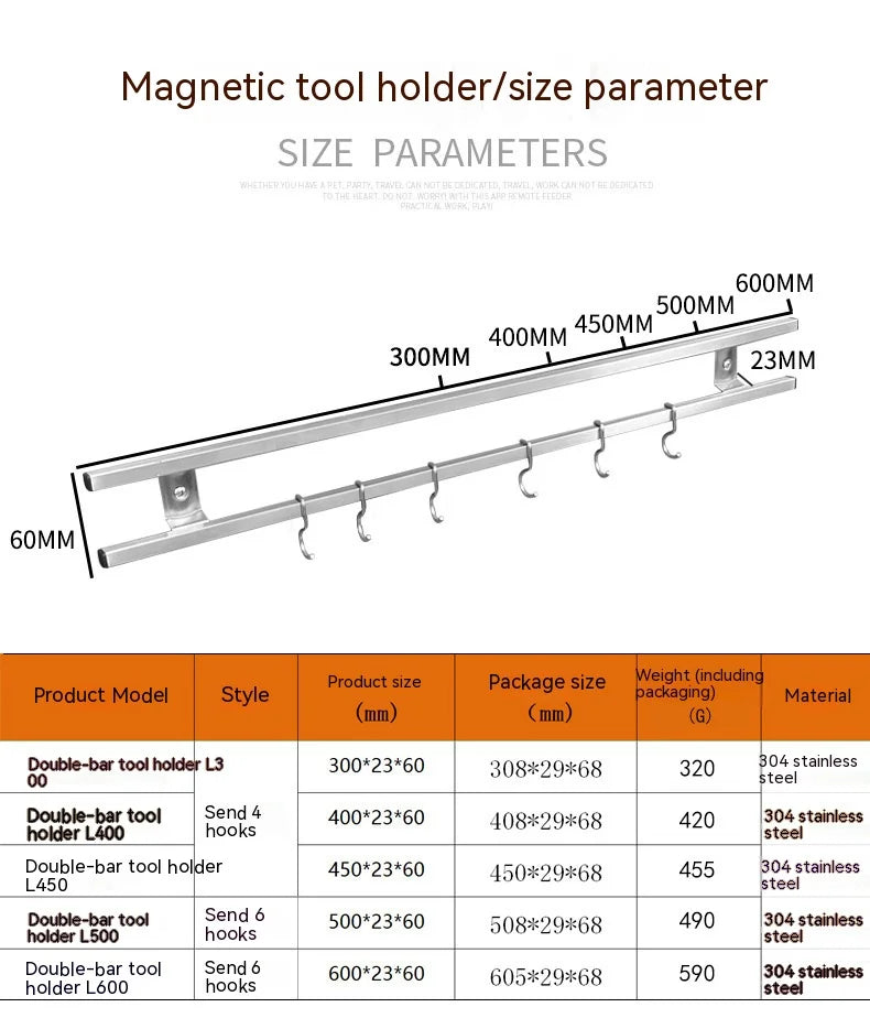 Magnetic Knife Holder for Wall Mount, Strips with Hooks, Stainless Steel, Kitchen Utensil