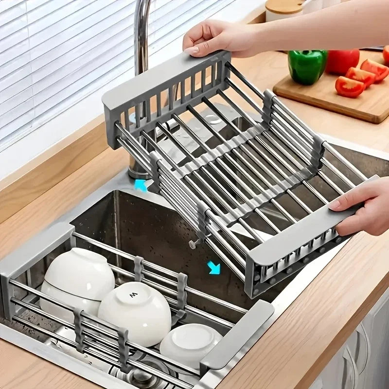 Space-saving expandable stainless steel sink dish rack multi-layer drain basket for placing dishes and cups.