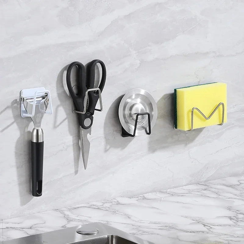 Kitchen Stainless Steel Sink Shelf Sponges Holders Adhesive Drain Drying Rack Wall Hooks Accessories Storage Organizer