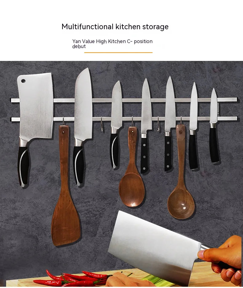 Magnetic Knife Holder for Wall Mount, Strips with Hooks, Stainless Steel, Kitchen Utensil