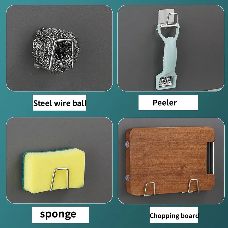 Kitchen Stainless Steel Sink Shelf Sponges Holders Adhesive Drain Drying Rack Wall Hooks Accessories Storage Organizer