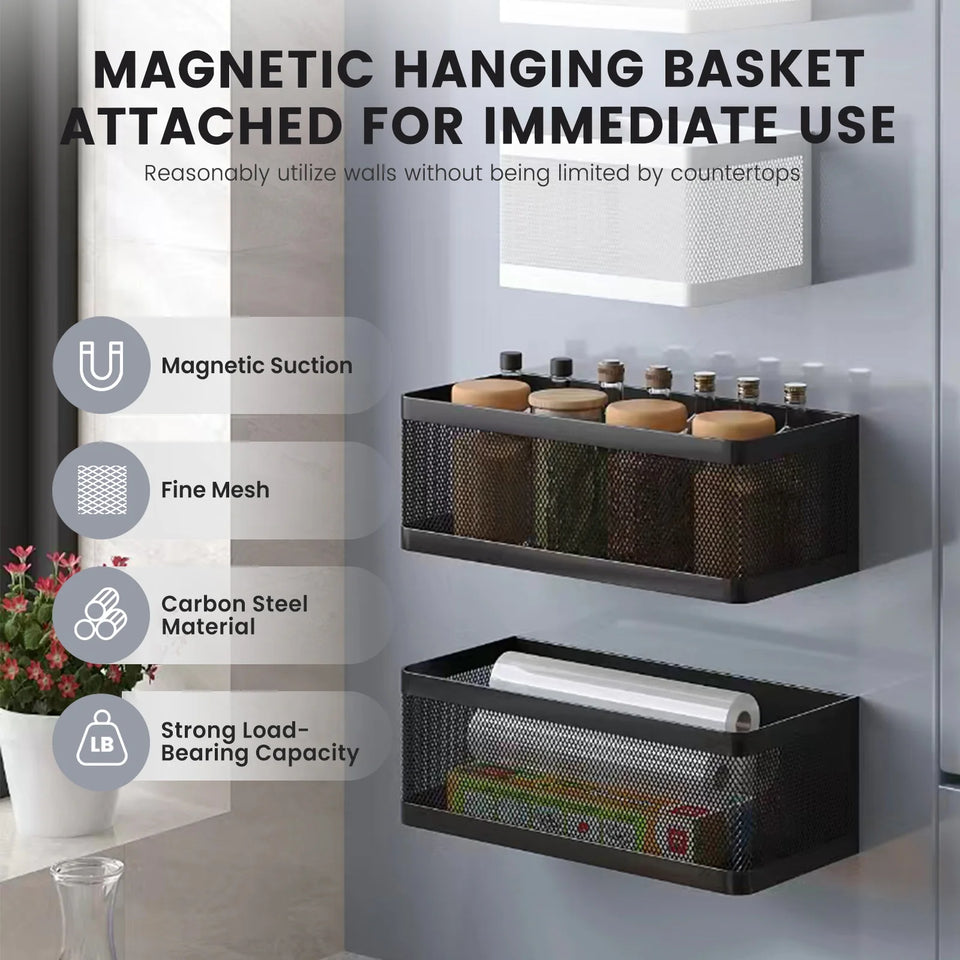 Magnetic Refrigerator Storage Rack, Magnetic Spice Rack, Metal Magnetic Hanging Basket, Wall Cabinet Multifunctional Storage Box, No Drilling Required