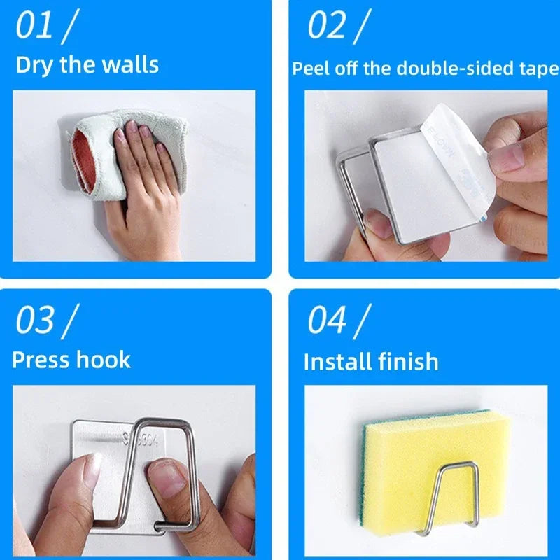 Kitchen Stainless Steel Sink Shelf Sponges Holders Adhesive Drain Drying Rack Wall Hooks Accessories Storage Organizer