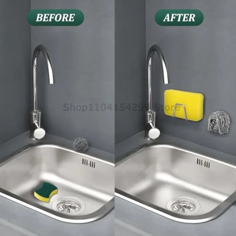 Kitchen Stainless Steel Sink Shelf Sponges Holders Adhesive Drain Drying Rack Wall Hooks Accessories Storage Organizer