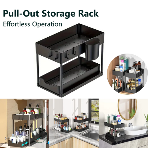 Under-Sink Pull-Out Storage Organizer: Slim Slide-Out Shelf for Kitchen Cabinets | Multi-Functional Space Saver Storage Rack