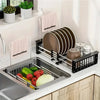 Space-saving expandable stainless steel sink dish rack multi-layer drain basket for placing dishes and cups.