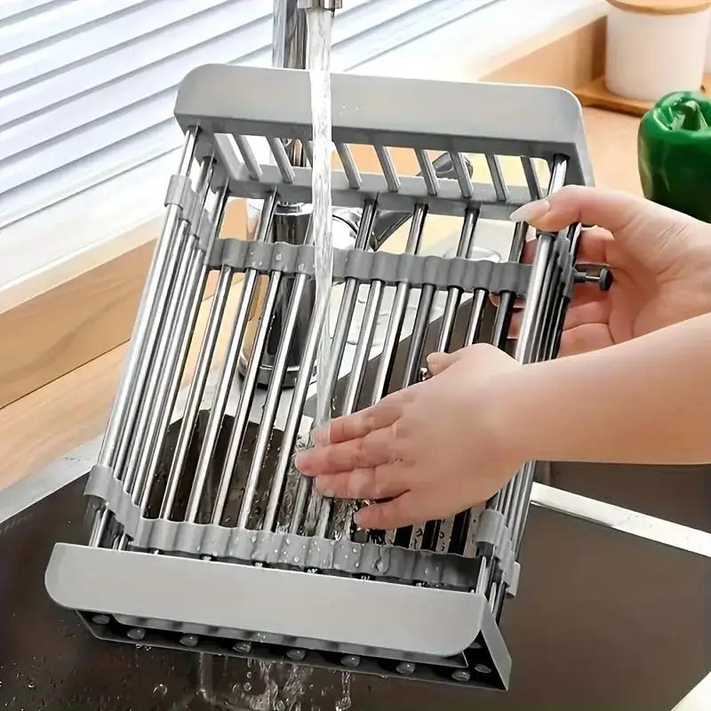 Space-saving expandable stainless steel sink dish rack multi-layer drain basket for placing dishes and cups.