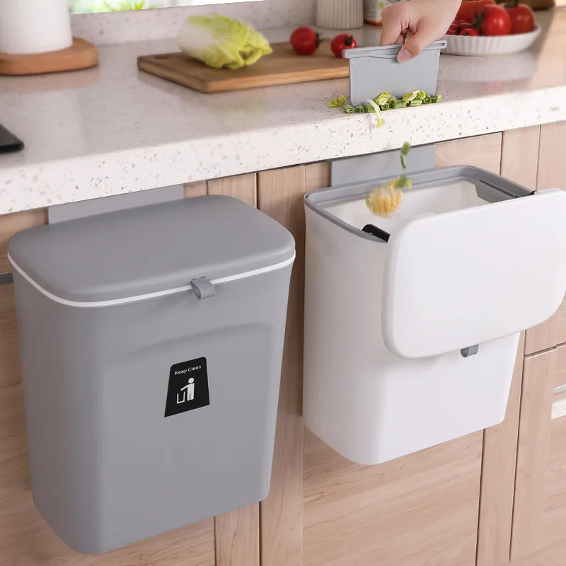 Hanging Trash Can with Lid Large Capacity Kitchen Recycling Garbage Basket Cabinet Door Bathroom Wall Mounted Trash Bin Dustbin