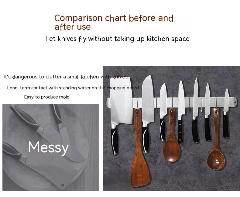 Magnetic Knife Holder for Wall Mount, Strips with Hooks, Stainless Steel, Kitchen Utensil
