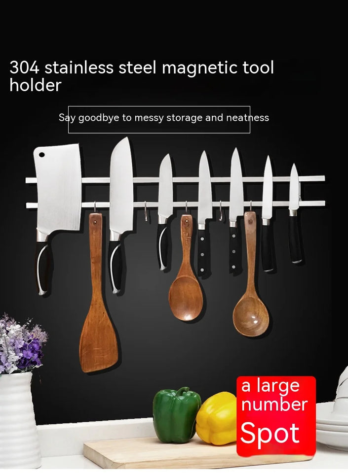 Magnetic Knife Holder for Wall Mount, Strips with Hooks, Stainless Steel, Kitchen Utensil